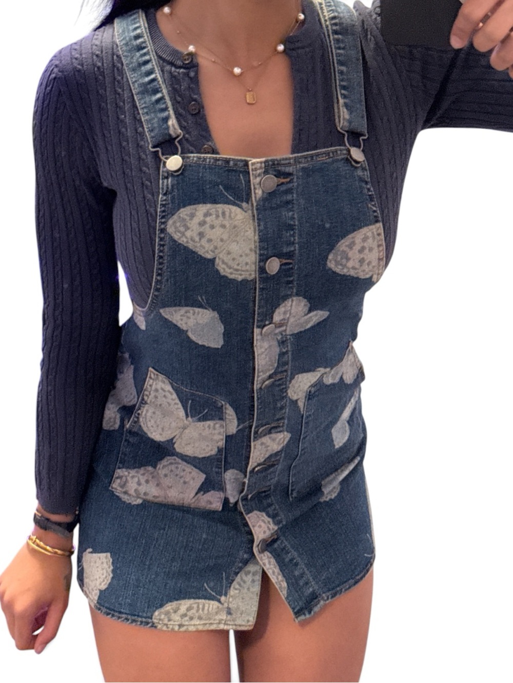 Tinseltown Blue Denim Butterfly Overall Mini Dress
